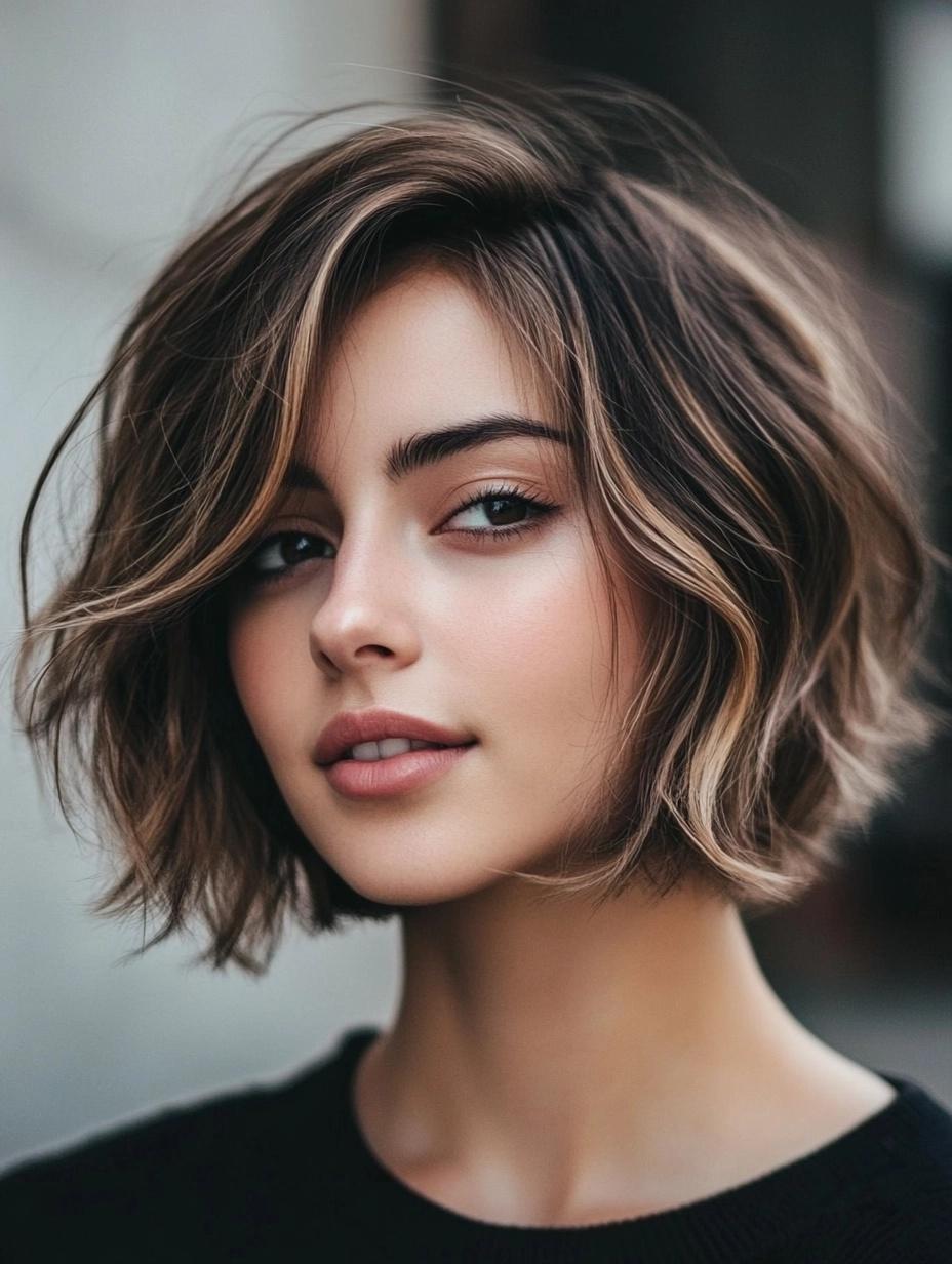 Balayage miele caldo su un bob corto con ricci morbidi