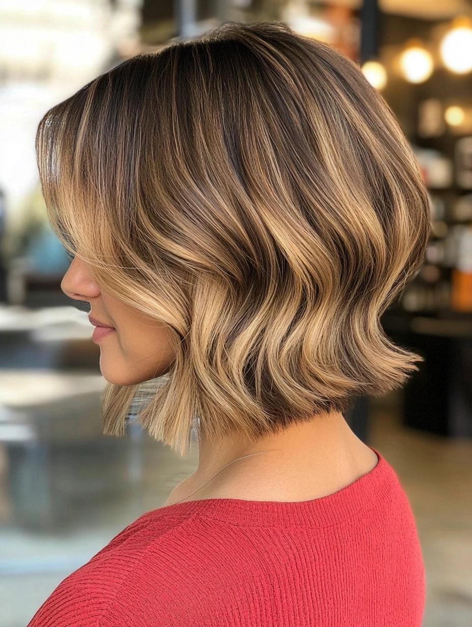 Balayage caldo con accenti caramellati su capelli medi