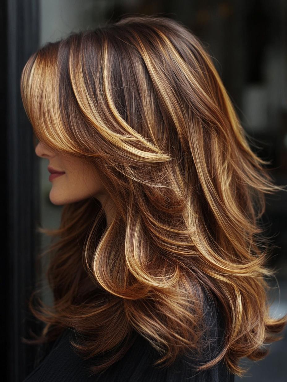 Balayage caramello intenso su capelli castani con onde ben definite