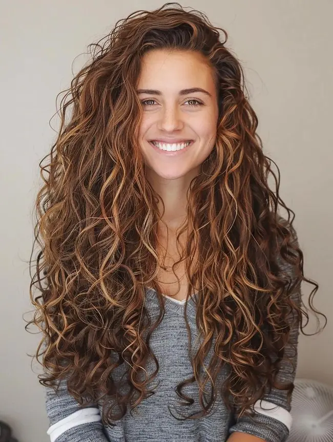 Capelli lunghi ricci con volume accentuato e riccioli a cascata