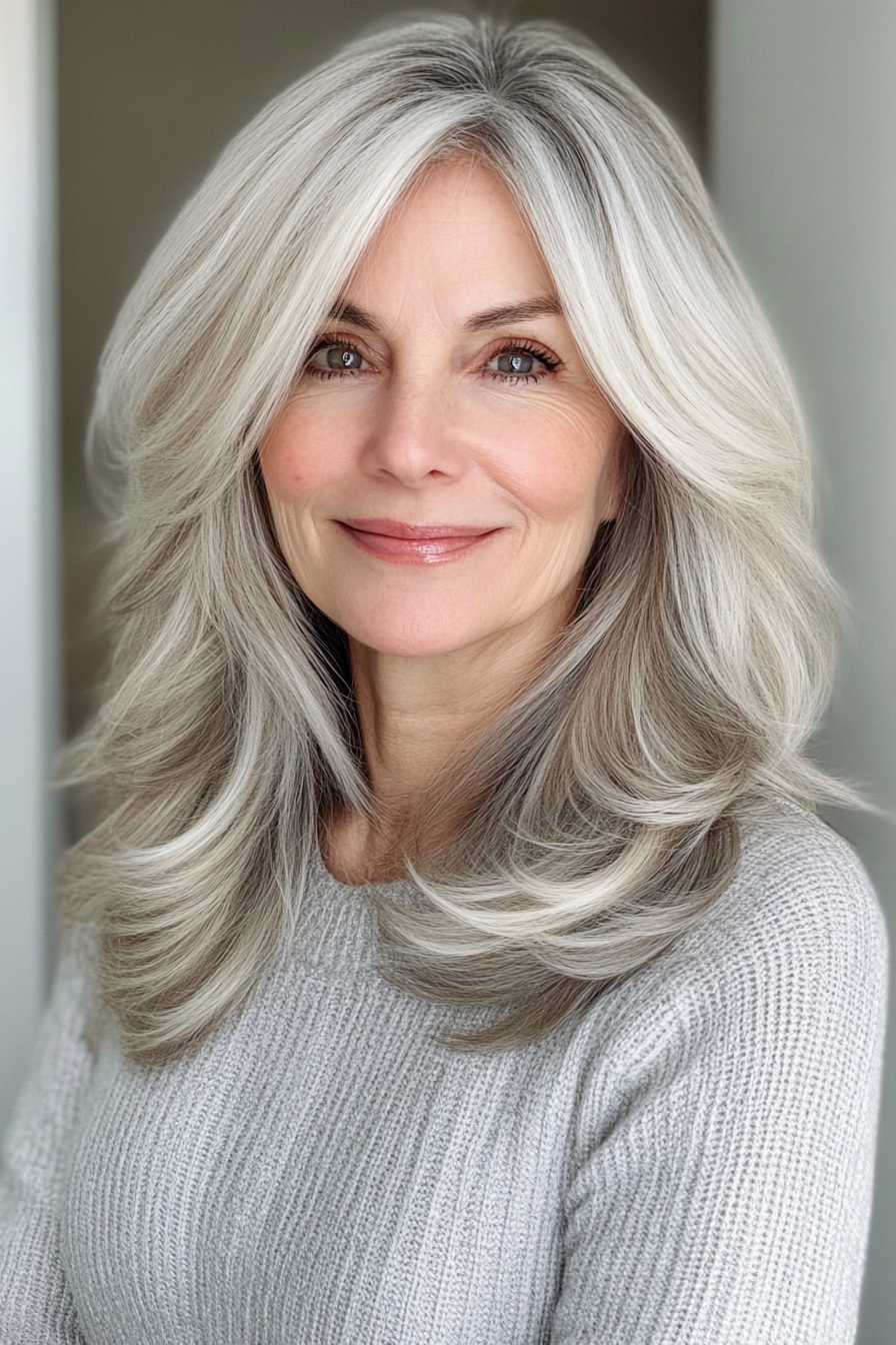 Chioma argentea con strati delicati per lunghe acconciature over 50