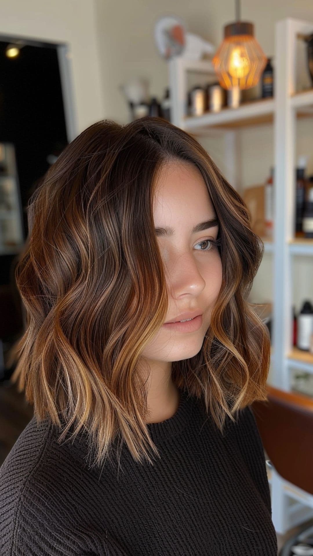 Long bob con balayage caramello vissuto