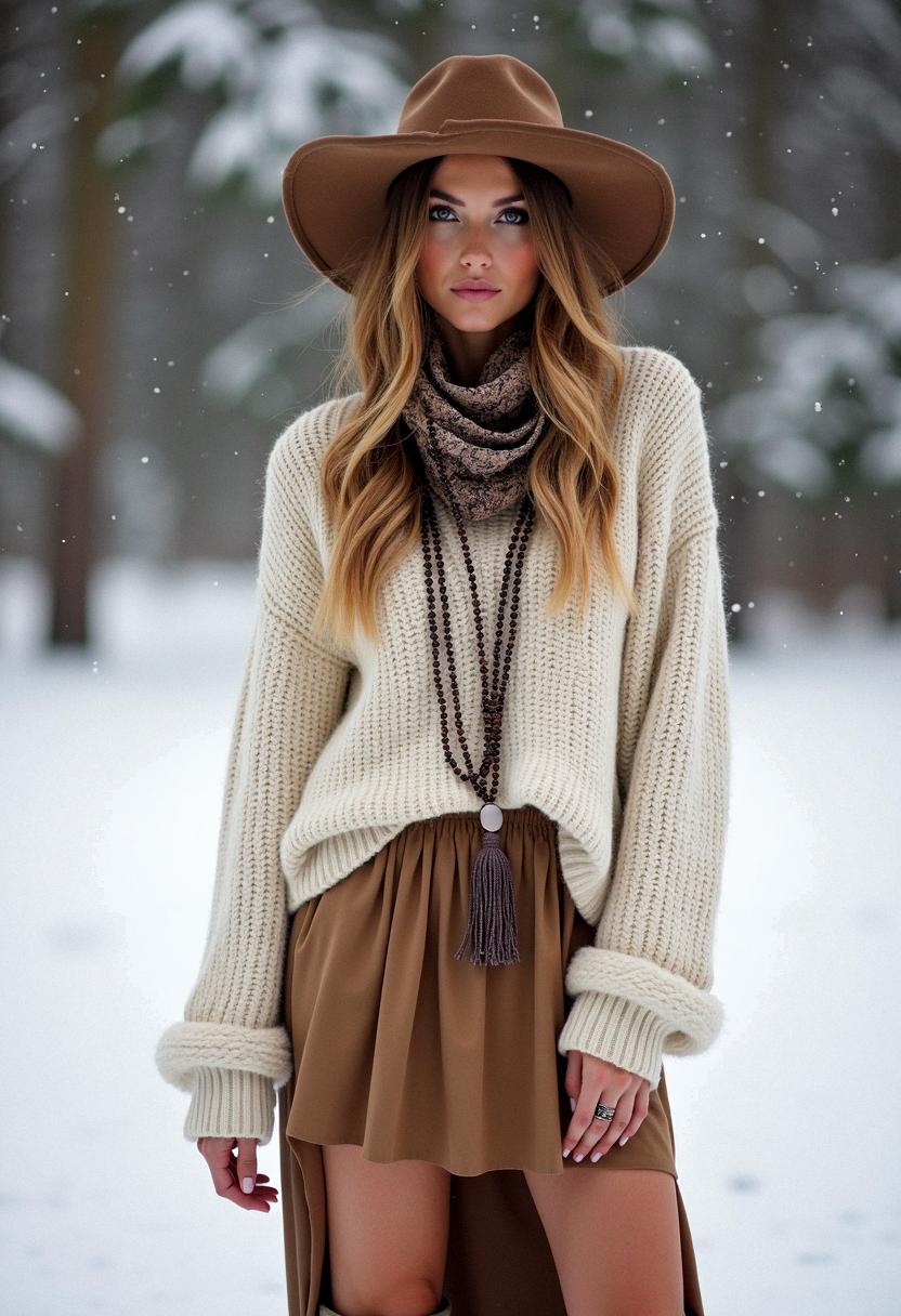 Look boho invernale con dettagli accoglienti e caldi