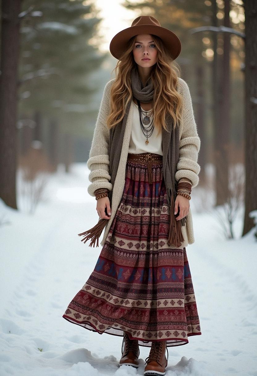 Outfit boho invernale con mantella e dettagli naturali