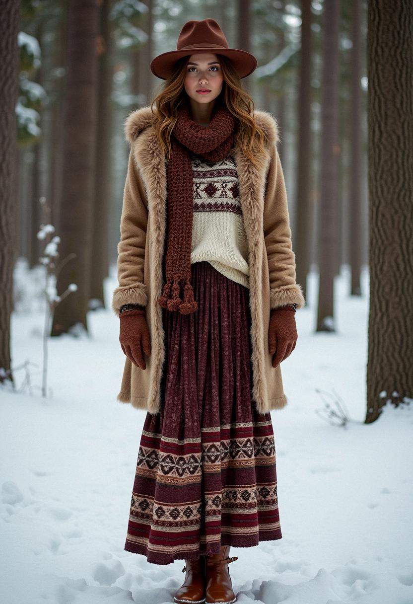 Outfit boho invernale con mantella e dettagli rustici