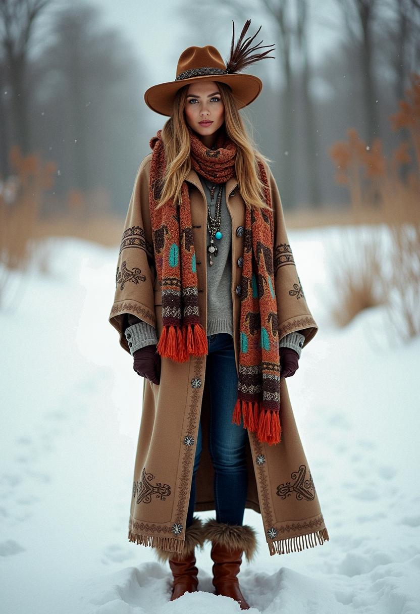 Outfit boho invernale con mantella elegante e sfumature neutre