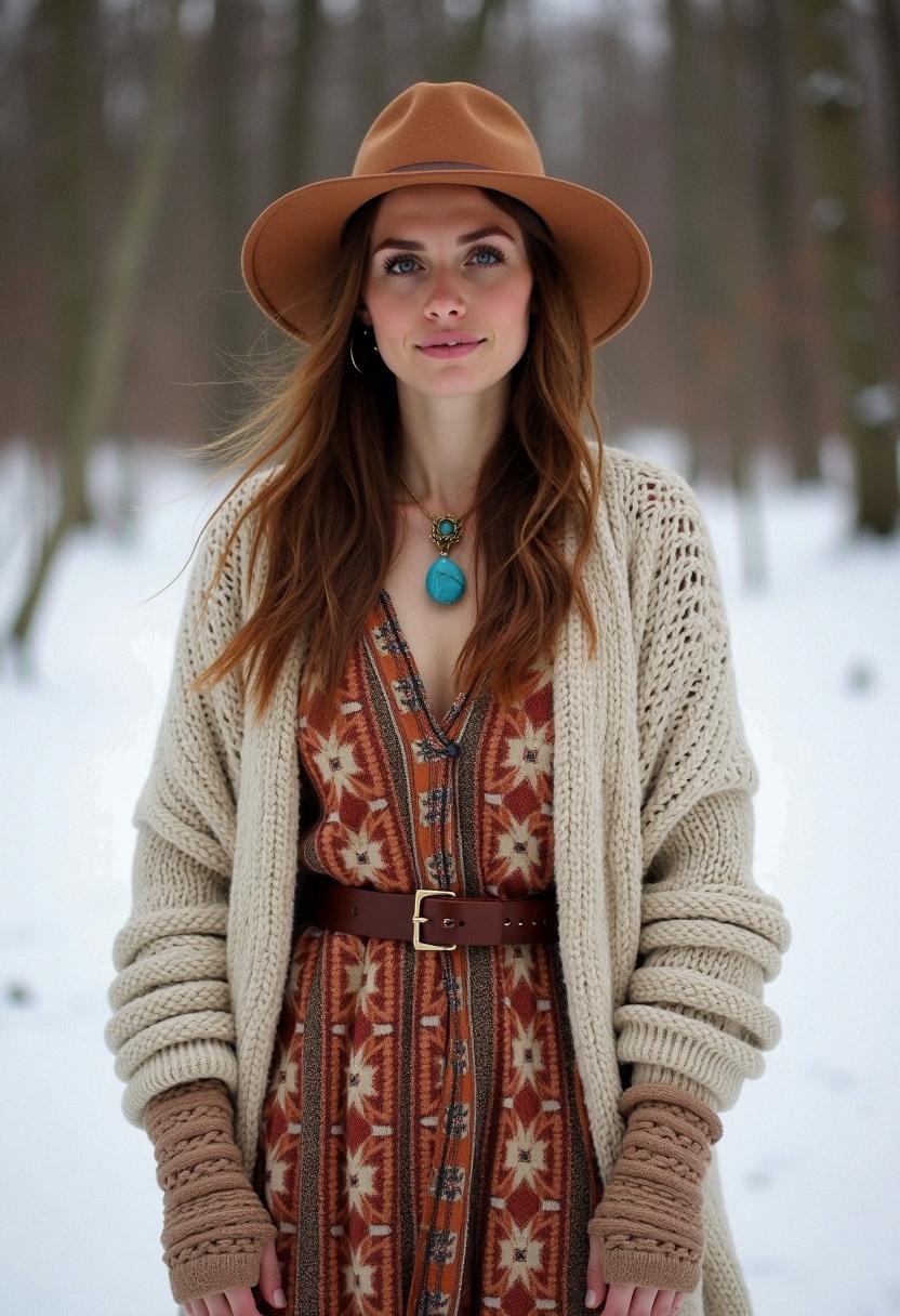 Outfit invernale boho chic con colori neutri e dettagli caldi