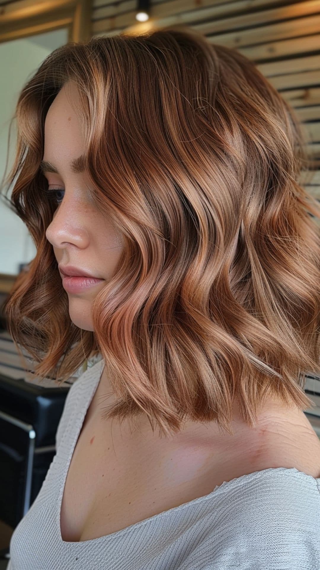 Balayage rosa oro su un long bob asimmetrico