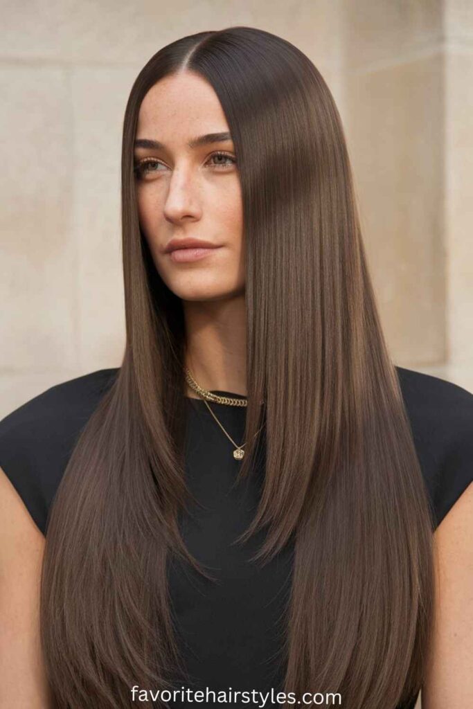 Capelli lisci e impeccabili con riga centrale