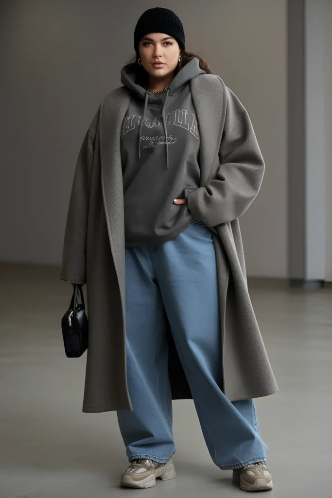 Outfit coreano invernale per taglie morbide con cappotto oversize grigio