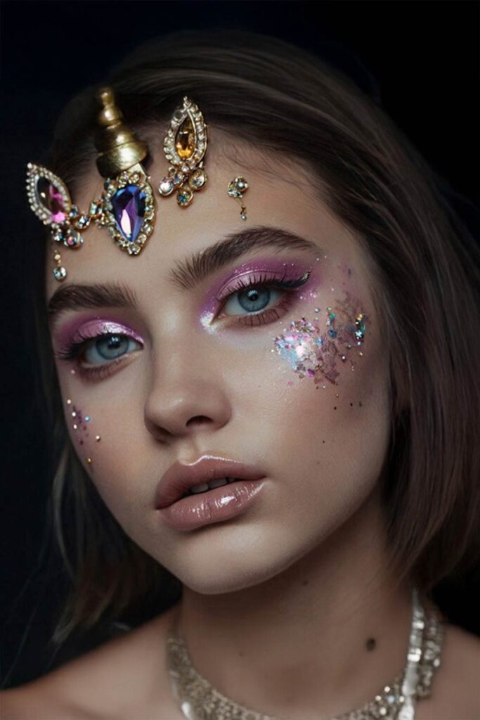 Makeup da fata con tiara di strass e decorazioni brillanti